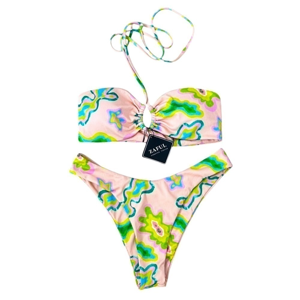 Zaful Ribbed Printed Halter Bikini 2 Piece Swim suit Bathing suit Size Large New